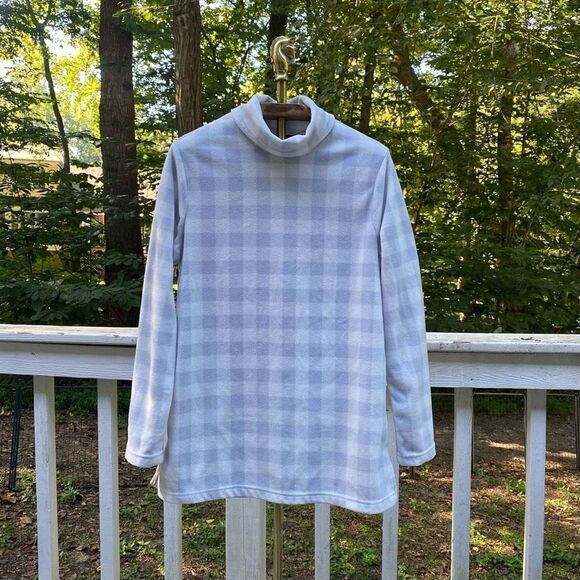 Lands’ End Grey White Check Fleece Turtleneck Tunic Sweater - Picture 1 of 7